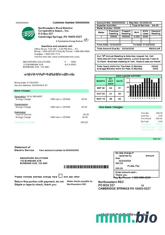 USA Northwestern Rural Electric rachunek za usługi komunalne szablon, w pełni edytowalny w formatach Word i PDF